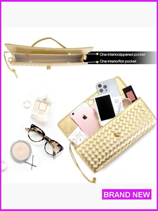 Silver Metallic Evening Clutch Bag, Woven Evening Pouch Bag  Woven Evening Clutch Purse with Metal Turn Lock for Party Wedding